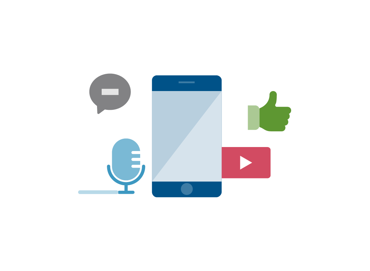 Ilustración de gráficos multimedia que incluyen un teléfono móvil, un botón de reproducción de YouTube, un pulgar hacia arriba, una burbuja de conversación y un micrófono. 