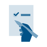 Illustration of a hand with a pen with a checkmark and text block on a paper