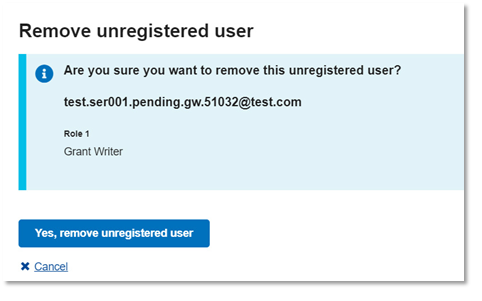 Image of screen that appears when Remove unregistered user link is selected