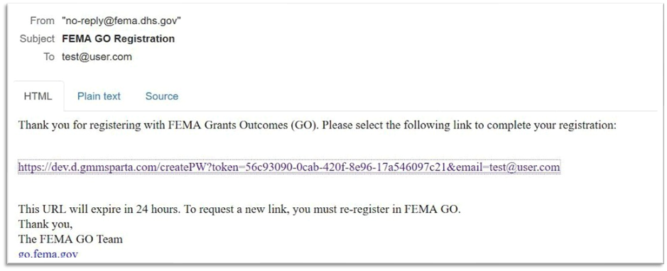 Image of sample validation email to complete the registration for a new account