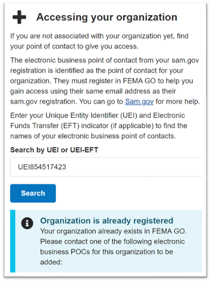 FEMA GO accessing your organization search image for eBIZ POC