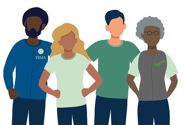 Illustration of four people, diverse in age and ethnicity, standing next to ech other.