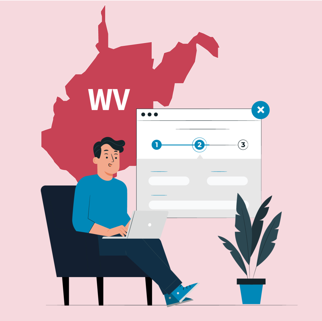 Man sitting with his laptop with a logo of West Virginia in the background