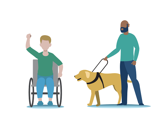 Man in wheelchair waving next to man with guide dog