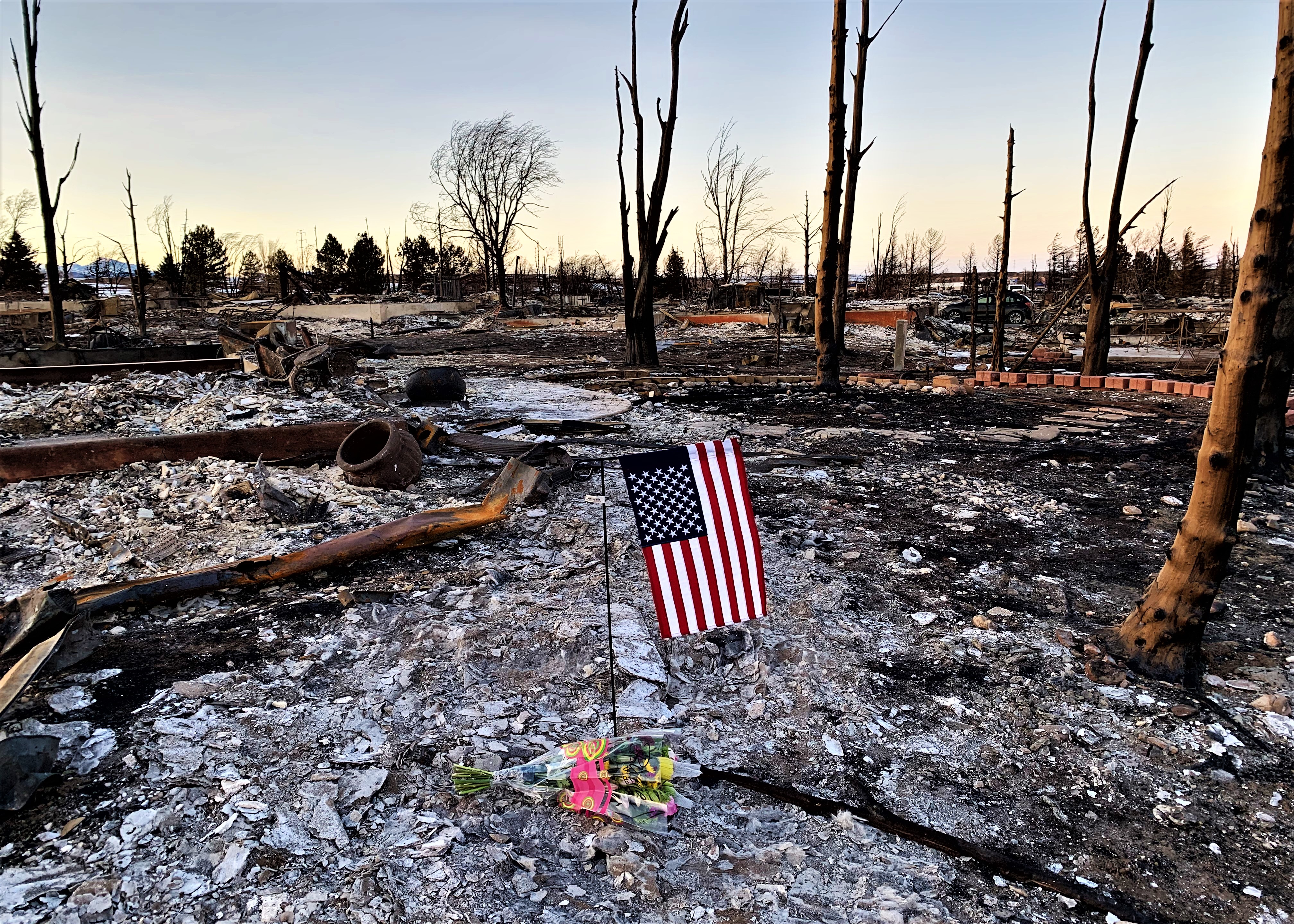 Flag in ground next to bouquet of flowers, surrounded by ash. 