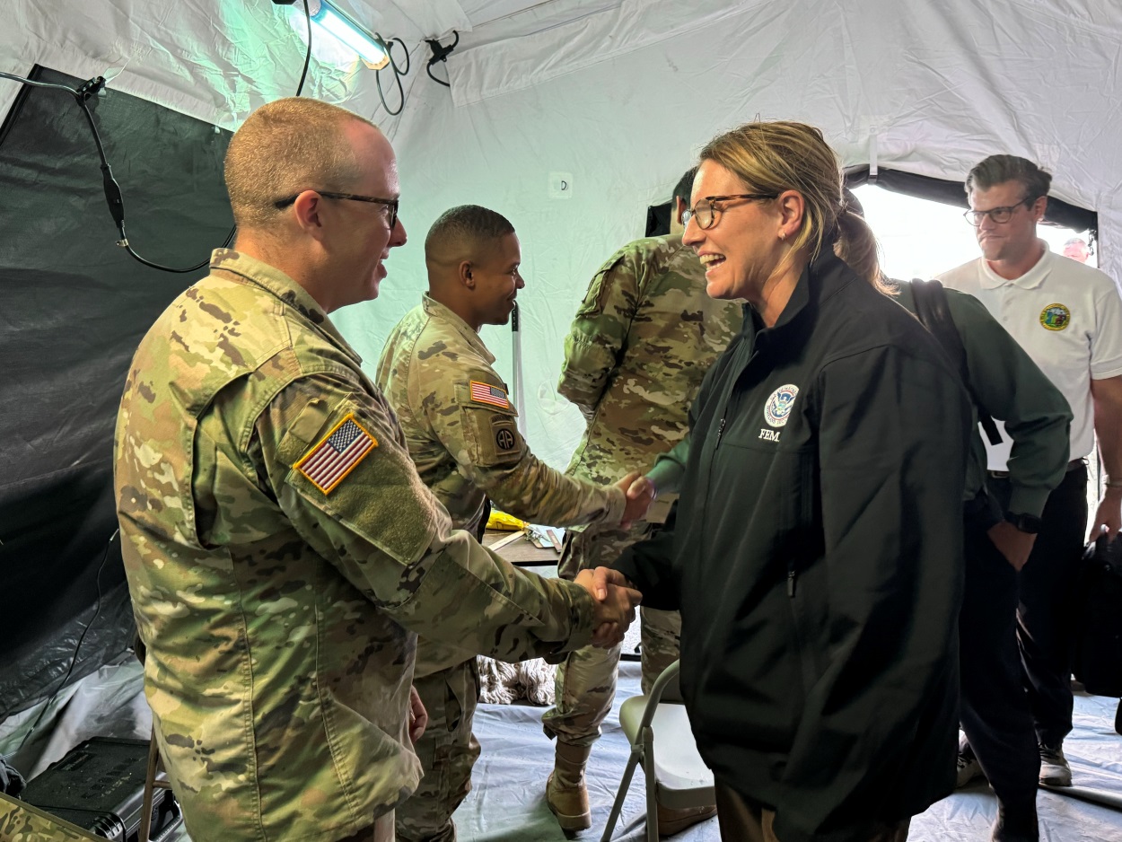 FEMA Administrator Deanne Criswell greets members the 82nd Airborne Division, U.S. Army Fort Liberty.