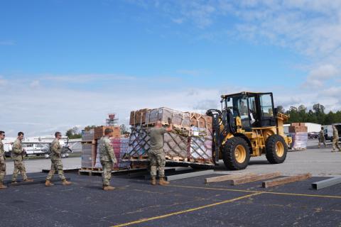 Caption: <p>Asheville, NC (Sept. 30, 2024) - National Air Guard unloads supply like food and water from a C-17 aircraft for distribution to survivors after Hurricane Helene.</p>